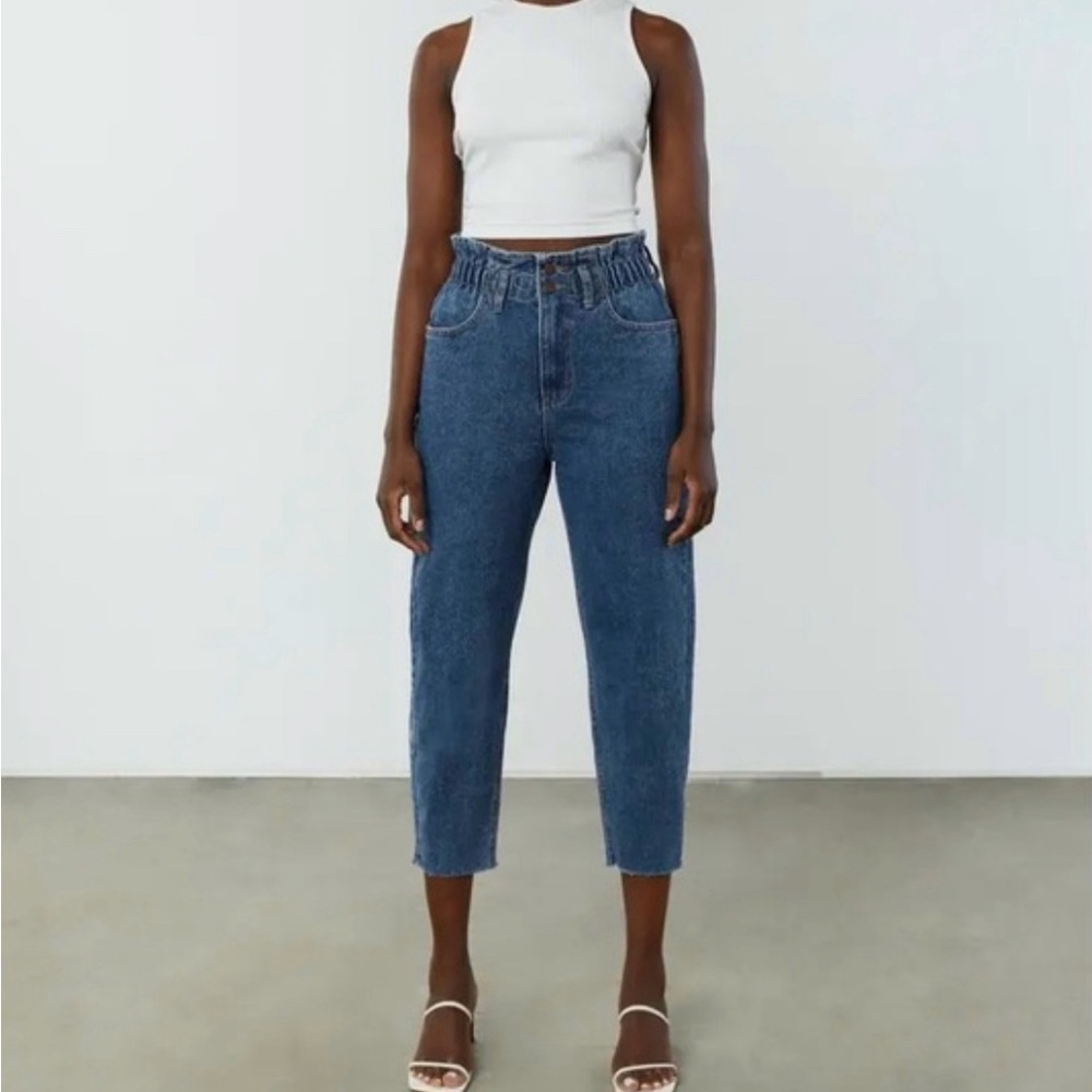 Oak + Fort paperbag waist medium wash raw hem elastic waist jeans ankle length